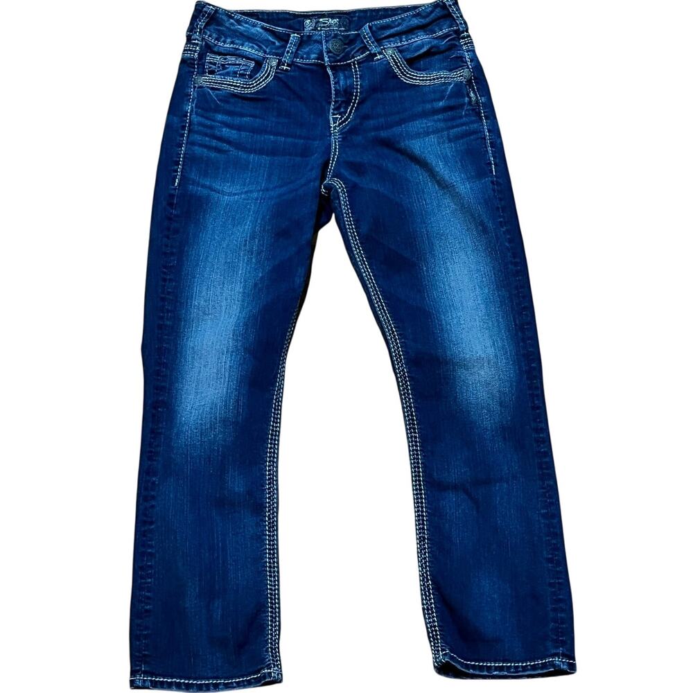 Silver Suki Dark Blue Mid Capri Denim Jeans W28 L23 Stretchy Thick Stitch